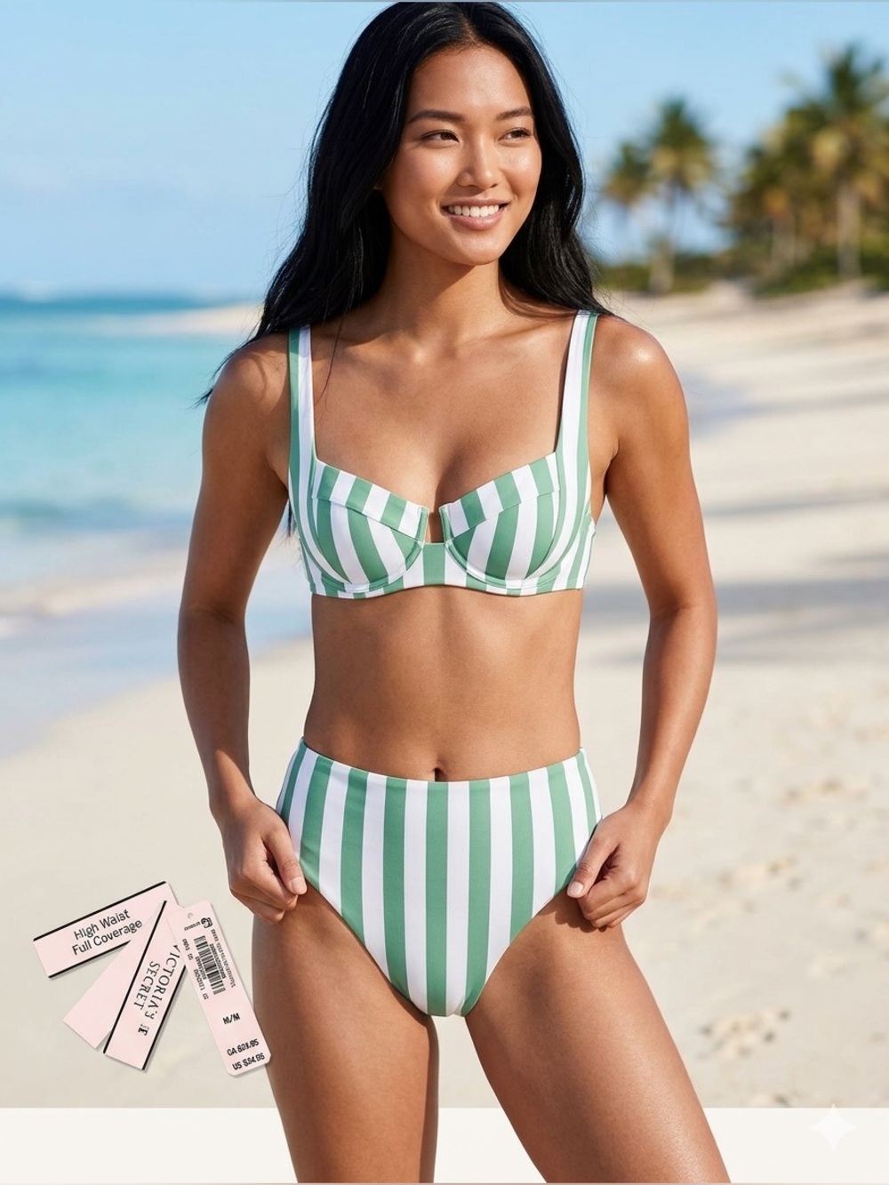 Victoria's Secret Swim High Waist Full Coverage Bikini Bottom M Green Stripe NWT